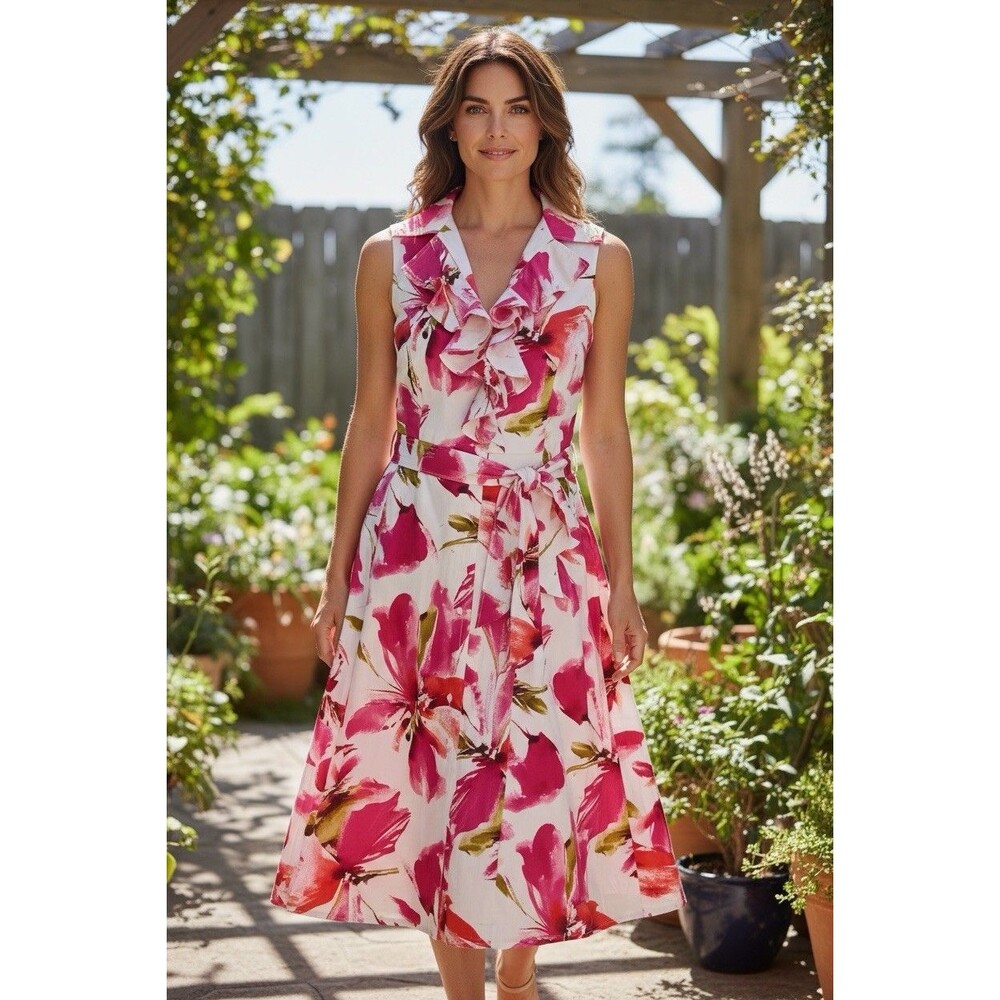 NWT Jones New York Signature Floral Cotton Shirt Dress Size 10 Belted Ruffles